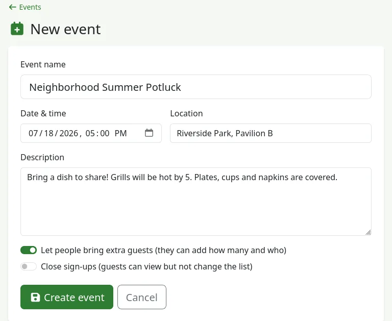 The new event form with a name, date, location, description and the extra guests switch turned on
