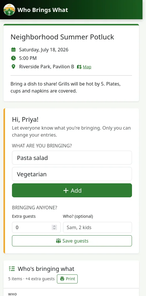 A guest's page on a phone showing the event details and a form to add pasta salad to the list